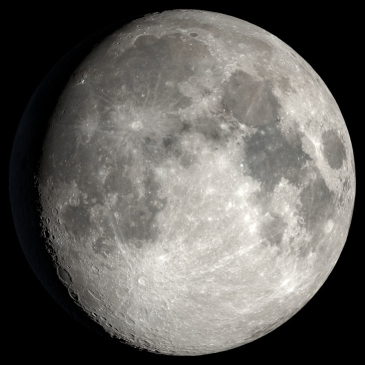 Waxing gibbous rendering: most of the disk illuminated on the right, narrow dark western edge. Source frame 1, 01 Jan 2026 00:00 UT.