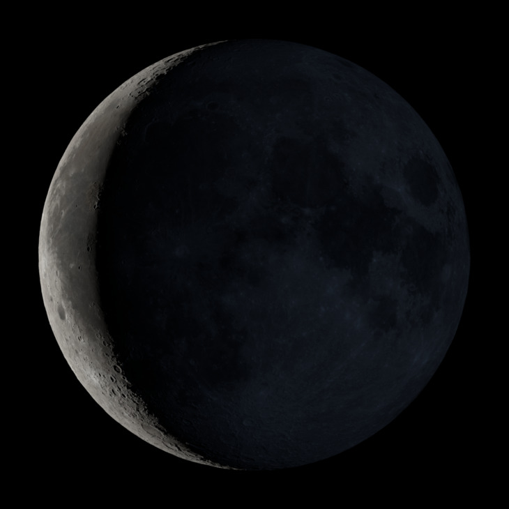 Waning crescent rendering: thin illuminated left crescent, mostly dark disk. Source frame 337, 15 Jan 2026 00:00 UT.
